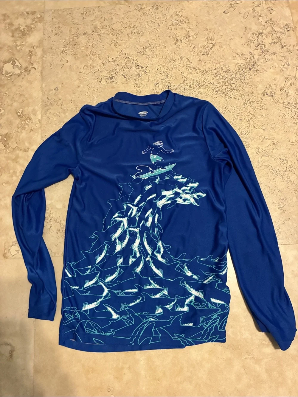 Old Navy Blue Long Sleeve Rash Guard with White Surfer Outline